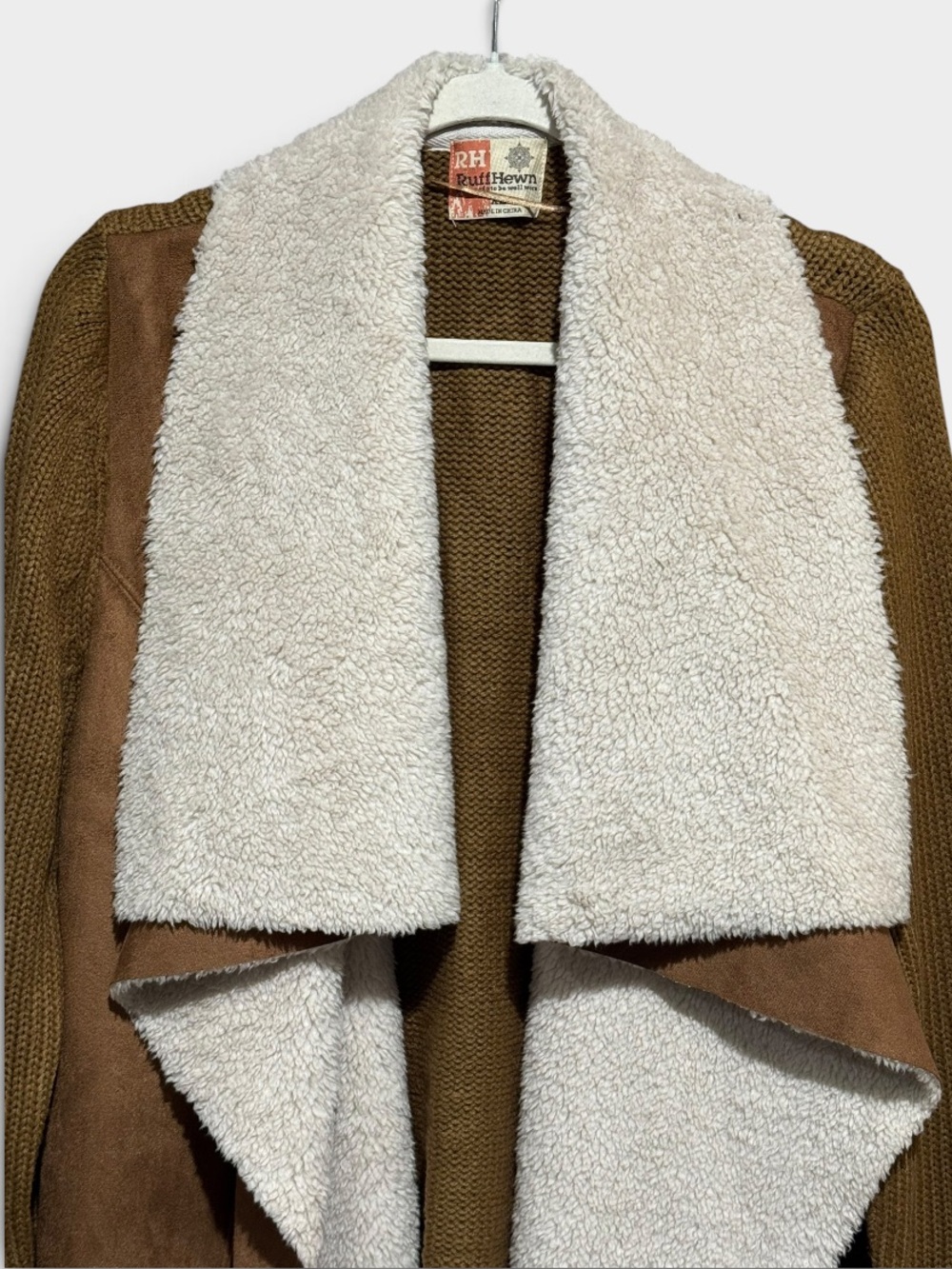 RUFF HEWN Sherpa Collar Faux-Suede Draped Jacket XL 22” p2p Brown/Cream $99 NWT - Picture 4 of 12